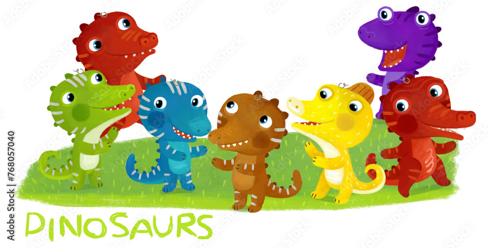 Naklejka premium cartoon scene with dino dinosaurs or dragons friends playing having fun childhood on white background with space for text illustration for children