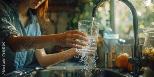 Details of a woman filling a glass with water. Generative Ai