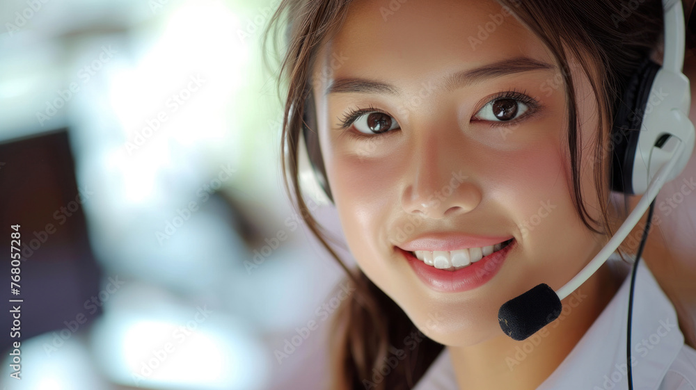 A Korean girl operator answers a call using a headset. A Korean girl operator answers a call using a headset.