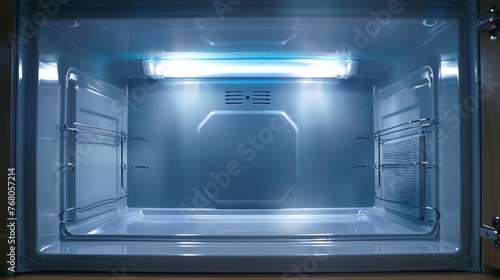 Microwaves interior light glowing brightly as the appliance is in use
