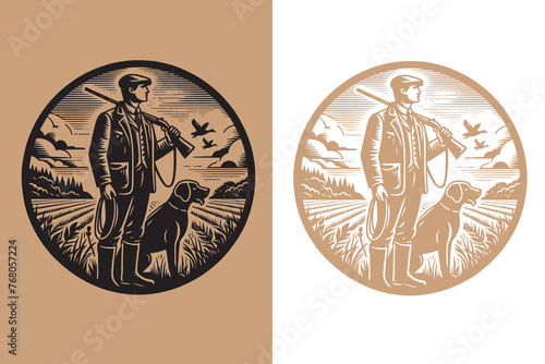 Hunting round emblem: Hunter with a gun and a dog. Vintage retro engraving illustration. Black icon, isolated element	