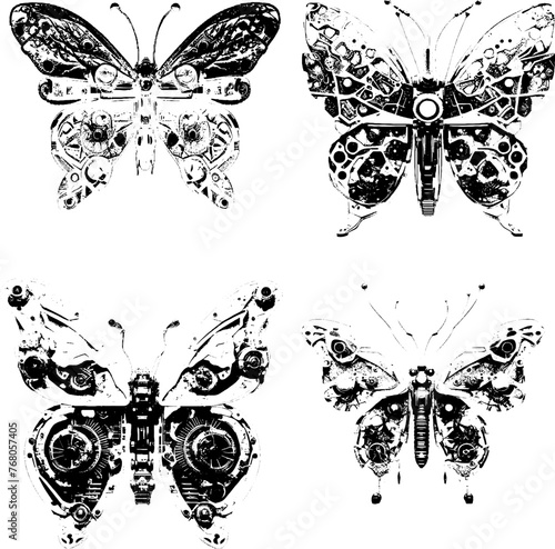 butterfly in the style of surrealism and abstraction. black and white sketch, print on a white background. a set of several vectors.