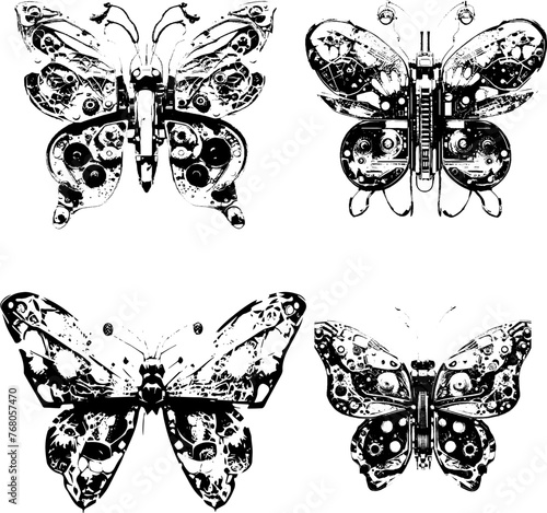 butterfly in the style of surrealism and abstraction. black and white sketch, print on a white background. a set of several vectors.