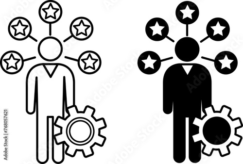 Skill Building Icons. Black and White Vector Icons of Gears, Man, and Stars Around It. Increasing Skills and Talents. Workshop Concept