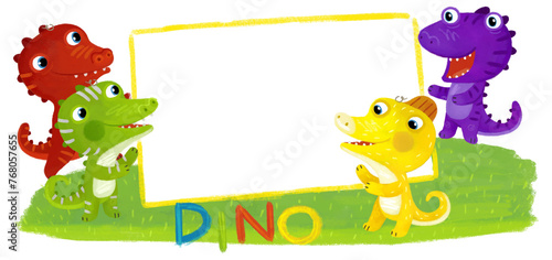 cartoon scene with dino dinosaurs or dragons friends playing having fun childhood on white background with space for text illustration for children