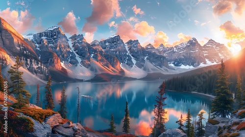 Landscape view of Moraine lake and mountain range at sunset in Canadian Rocky Mountains photo