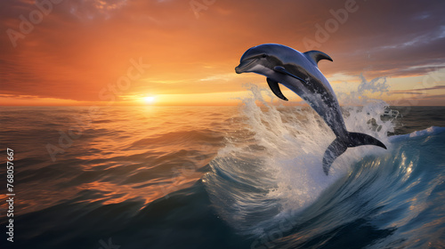 Dancing Dolphin in Golden Sunset: A Spectacular Display of Serene Ocean Life © Lelia