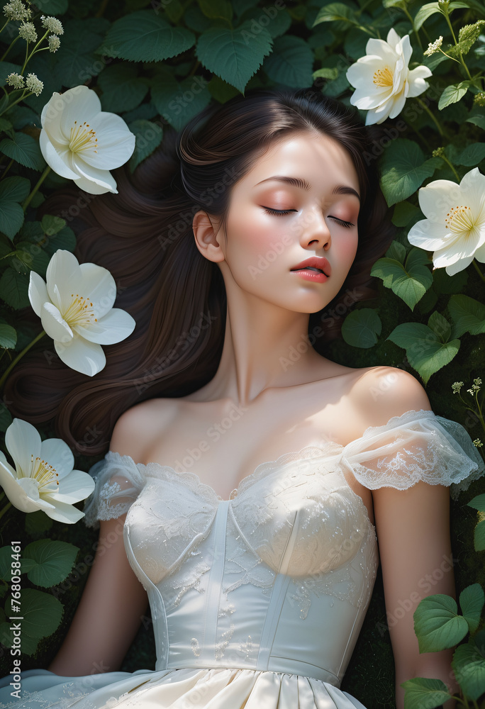 Lady sleeping in flower garden Lady sleeping in flower garden