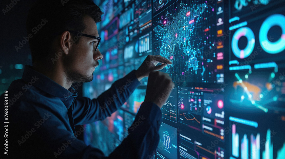 Side view of young man in eyeglasses working on computer at night. Side view of young man in eyeglasses working on computer at night.