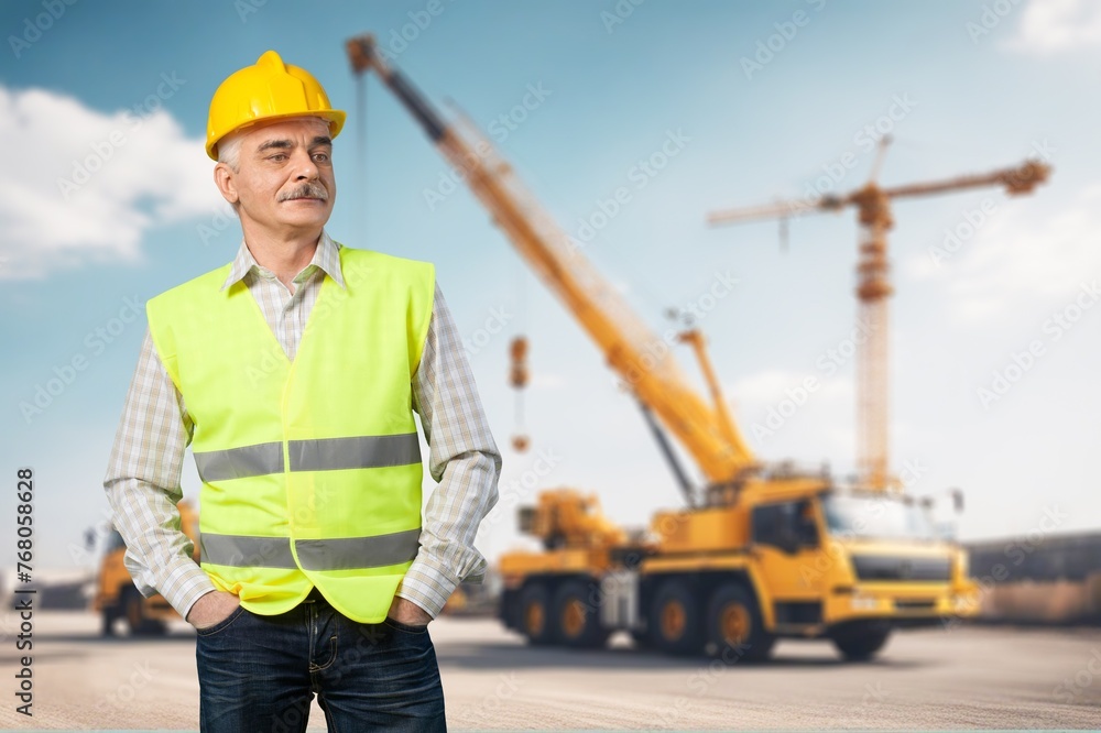 Worker man with bulldozer on big building construction. Worker man with bulldozer on big building construction.