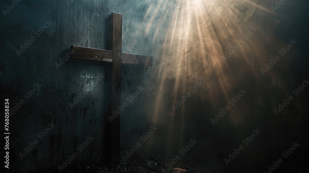 A heavenly light shining down on a simple wooden cross, invoking the presence of Jesus Christ - obrazy, fototapety, plakaty 
