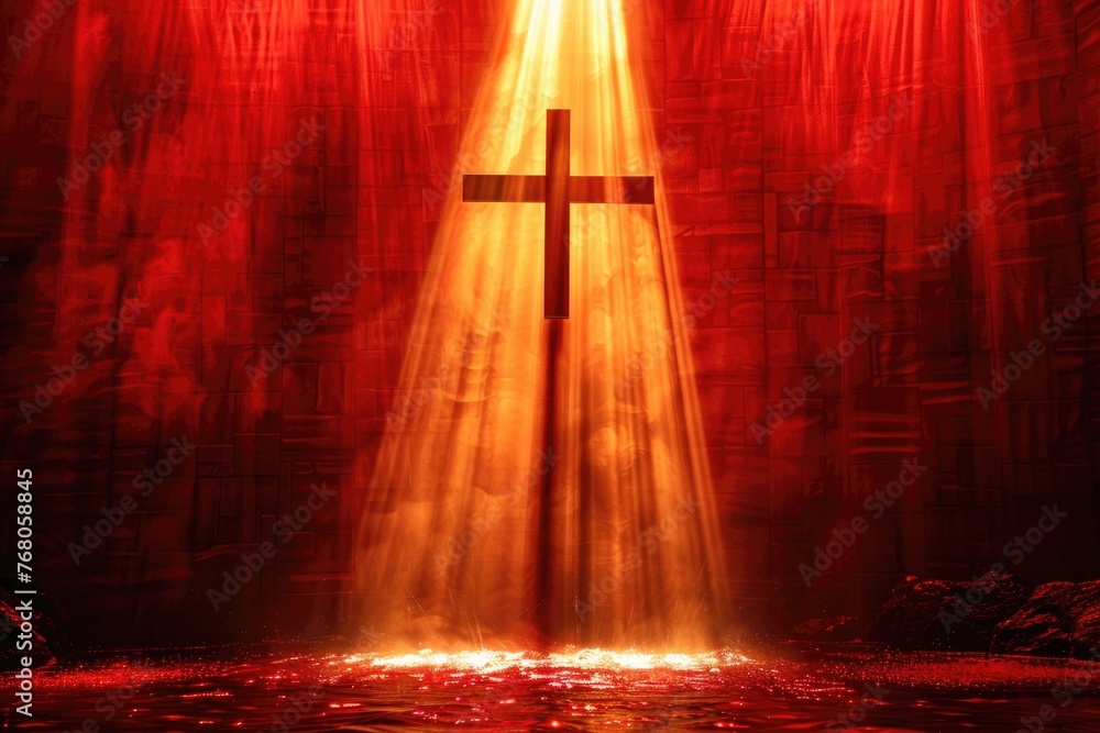 A symbolic representation of Jesus Christs resurrection, with the cross emanating vibrant light