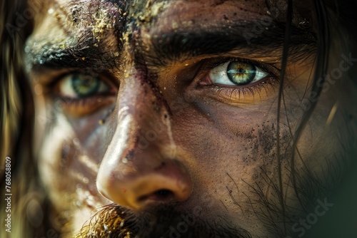A closeup of Jesus Christs compassionate face with a lightfilled cross reflected in His eyes photo