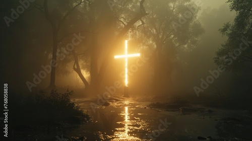 An ancient cross glowing with ethereal light, representing the everlasting love of Jesus Christ photo