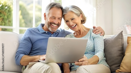 Happy Middle-Aged Couple Using Laptop