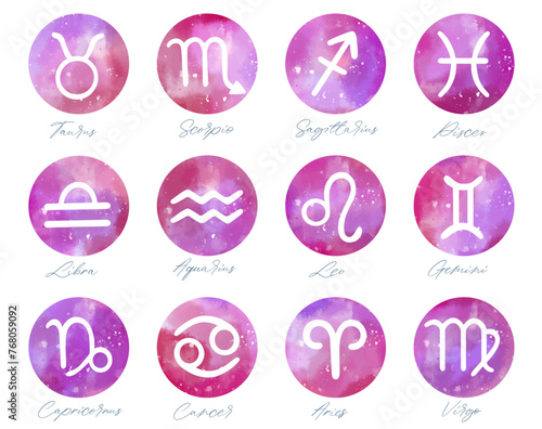 Set of hand drawn watercolor brush zodiac signs. Collection of watercolor astrology signs.