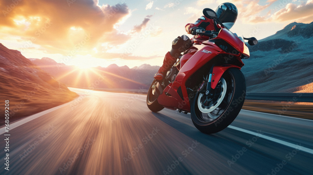 Motorcycle riding on the road at sunset . Motorcycle riding on the road at sunset .