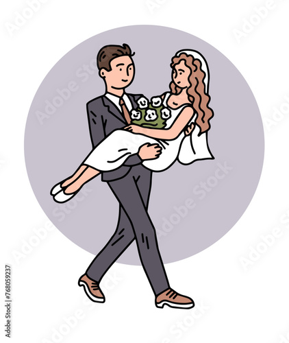 Happy bride and groom. A man carries a woman in his arms. Beautiful newlywed couple. Cartoon vector illustration outline isolated on white background