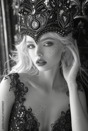 Enigmatic Blonde-Haired Beauty in Elegant Lace and Masquerade Mask, Lying on her Back, Magic and Fantasy in Black and White. 