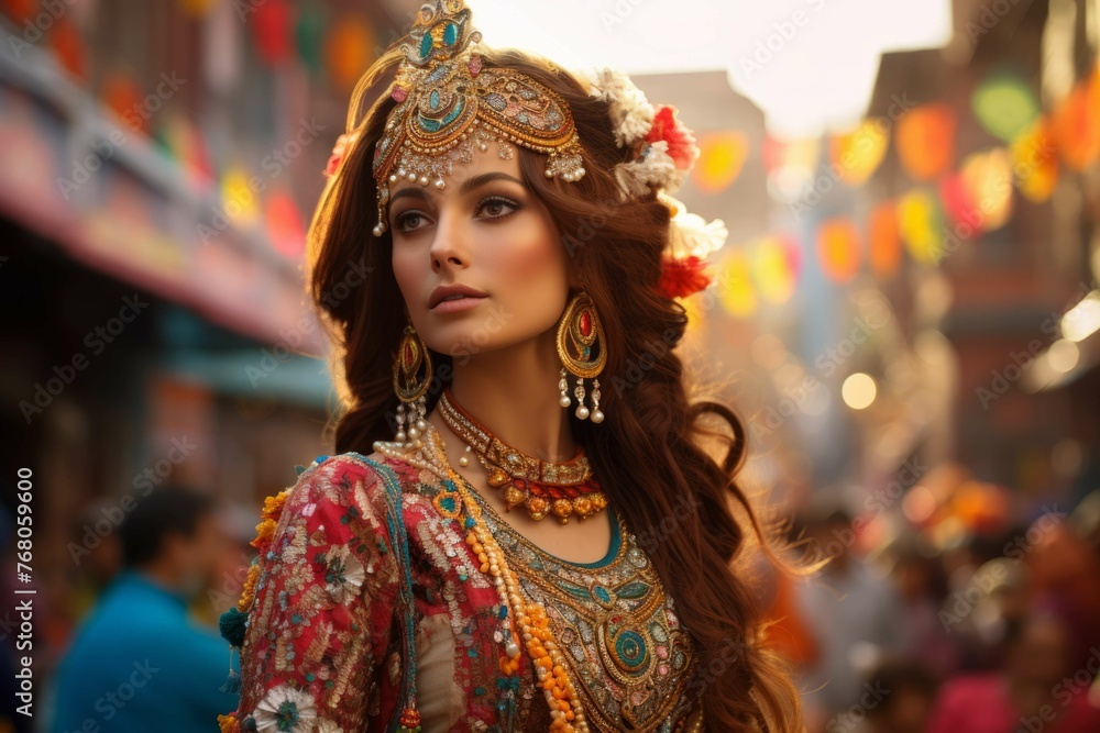 Close-up of a woman in traditional costume at a lively street festival Close-up of a woman in traditional costume at a lively street festival