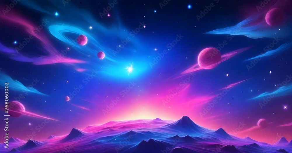 Vibrant alien landscape with purple and pink hues, featuring mountains under a starry sky 