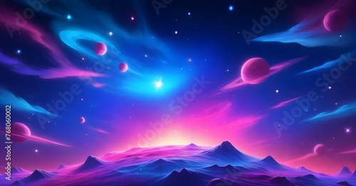 Vibrant alien landscape with purple and pink hues  featuring mountains under a starry sky 