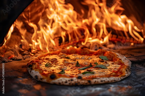 Pizza in an oven with fire and wood burning in the background