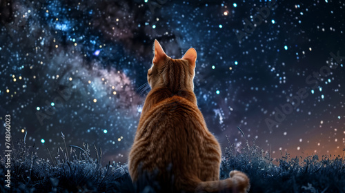 cat viewed from behind looking at the night stars photo