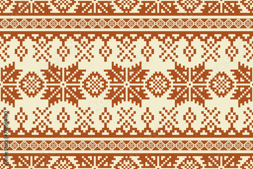 Ethnic geometric embroidery floral pattern. Vector embroidery folk geometric floral shape seamless pattern. Ethnic cross stitch pattern use for fabric, textile, home decoration elements, upholstery.