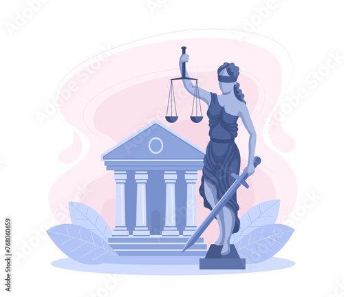 Statue of Themis - the goddess of justice with scales in her hand. Lady Justice and the courthouse. The concept of legal and advocacy services, defense in court, law. Vector banner in blue color.