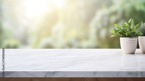 Modern empty marble table top on blurry kitchen room interior background photo