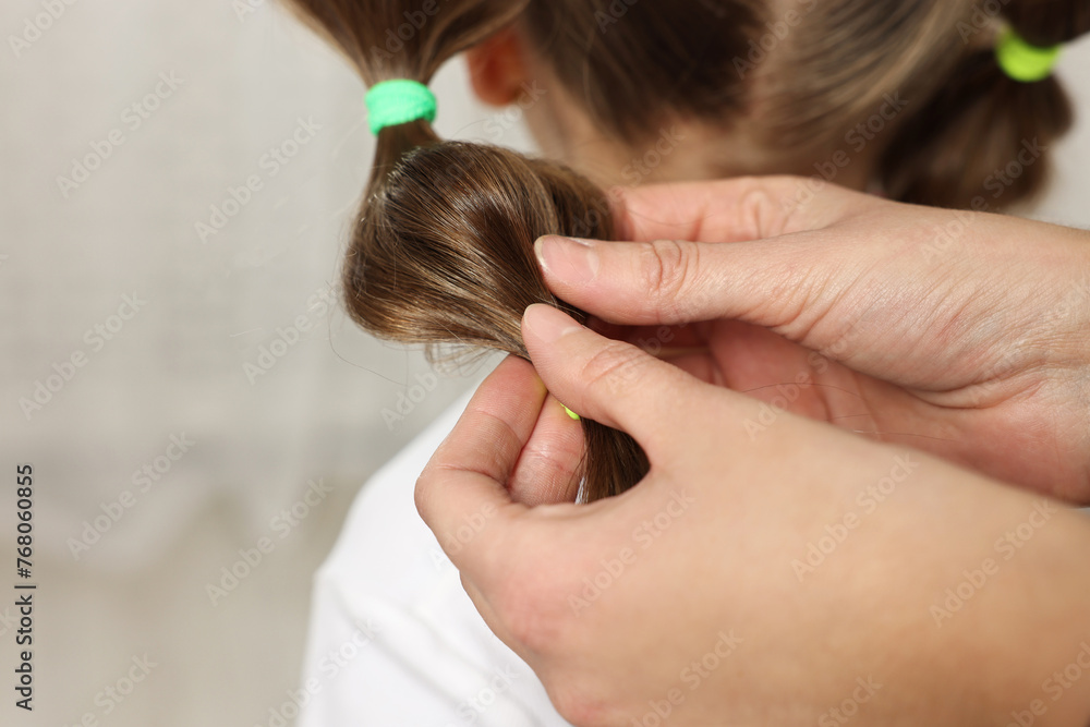 Fototapeta premium Professional stylist braiding girl's hair indoors, closeup