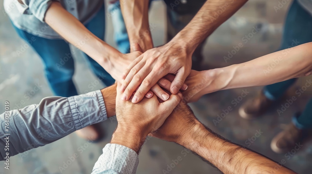 Diverse hands symbolize teamwork, empathy, partnership, and social connection in business Diverse hands symbolize teamwork, empathy, partnership, and social connection in business