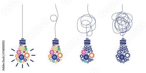 Cogwheel lightbulb collection with knot wire cable. Problem solving, complex business process resolving concept vector design with colorful gears, wire, lightbulb.