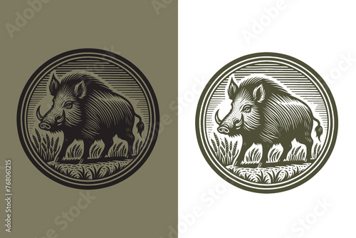 Hunting round emblem: Wild boar. Vintage retro engraving illustration. Black icon, isolated element	