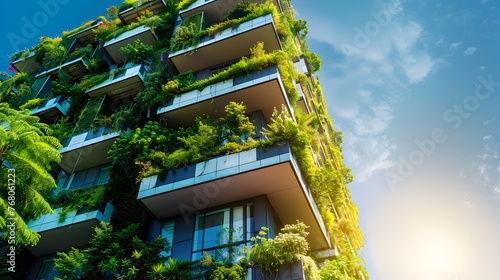 Sustainable Eco-Friendly High-Rise Apartment Building with Lush Greenery and Balconies