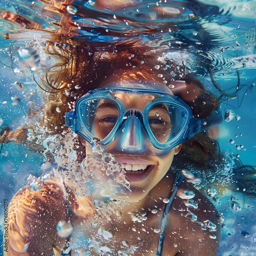 Gleefully Submerged in the Azure Depths,a Joyful Woman Embraces Underwater Adventure © Mickey
