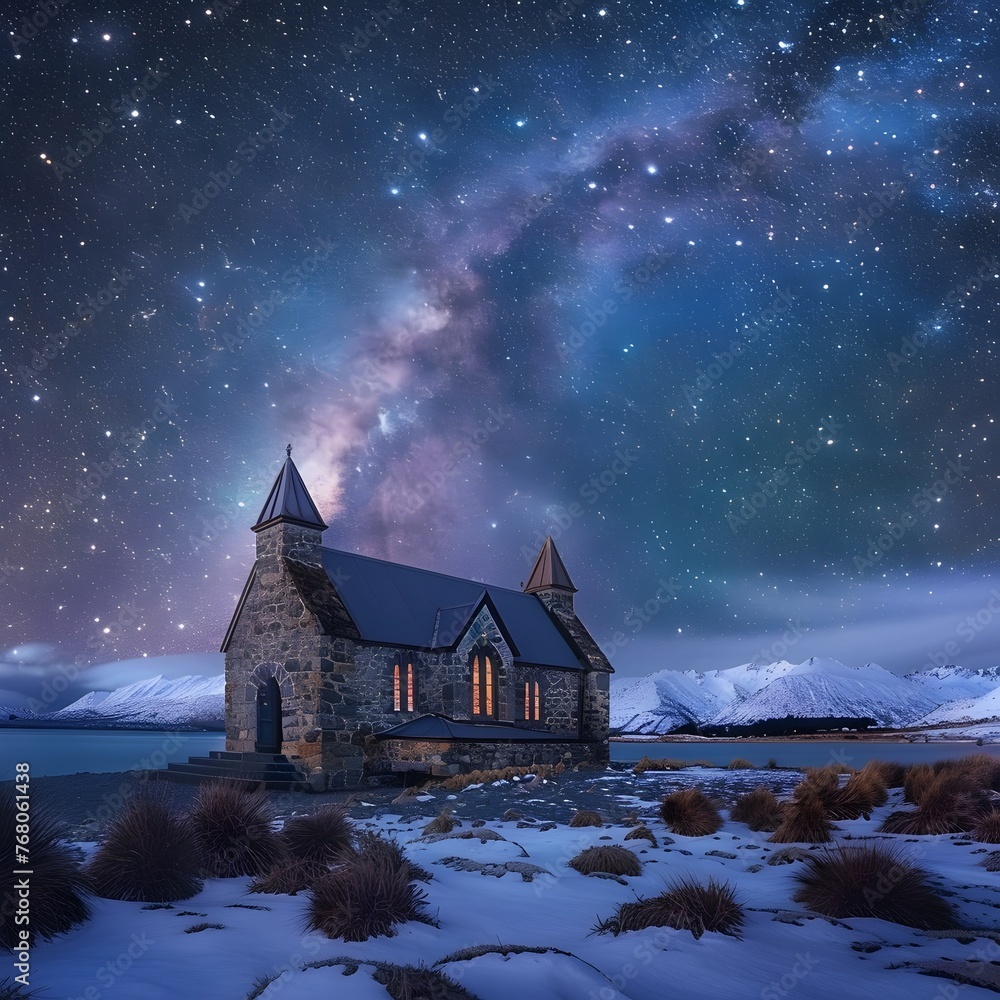 Enchanting Church Beneath Awe-Inspiring Milky Way Galaxy in Snowy Landscape