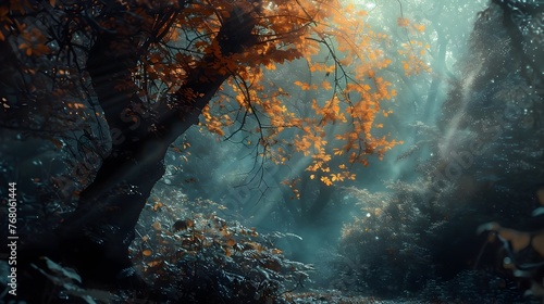 Enchanting Autumn Woodland Illuminated by Mystical Sunlight Beams