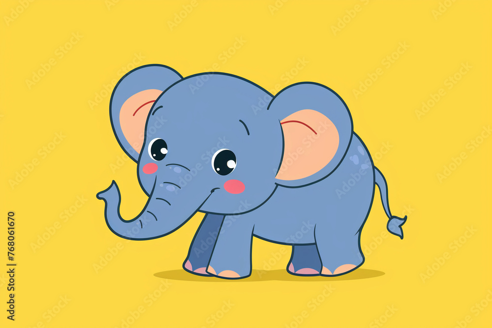 Naklejka premium Cute standing blue baby elephant on a yellow background.