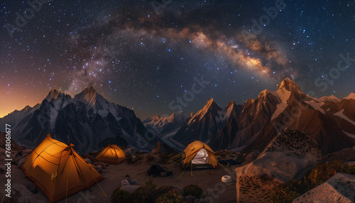 tents in the mountains at night, milky way in the sky #768061677