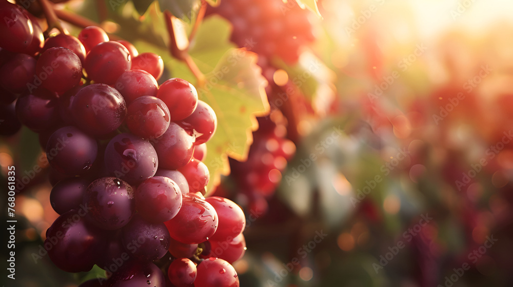 Red wine grapes on vine in summer vineyard