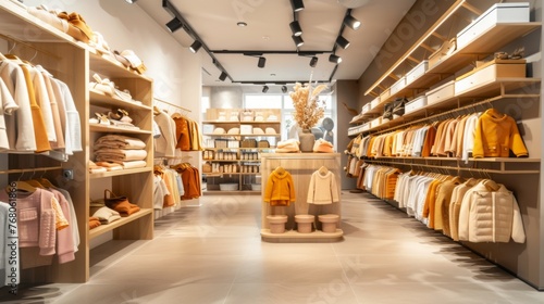 A modern boutique clothing store with a variety of stylish fashion items, including clothing for babies and children, displayed on colorful racks and shelves. photo
