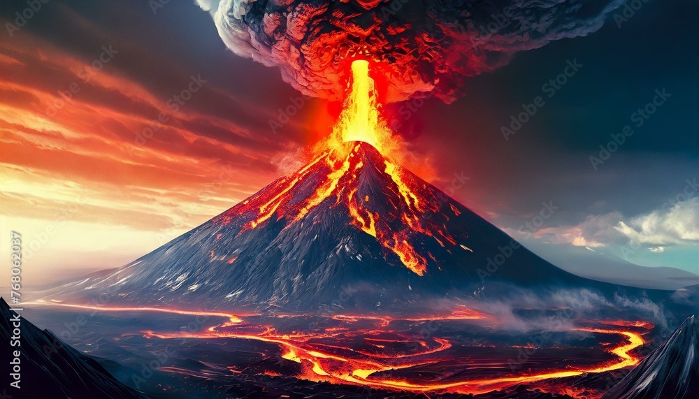 山頂から噴火する火山とマグマ_02 - obrazy, fototapety, plakaty 