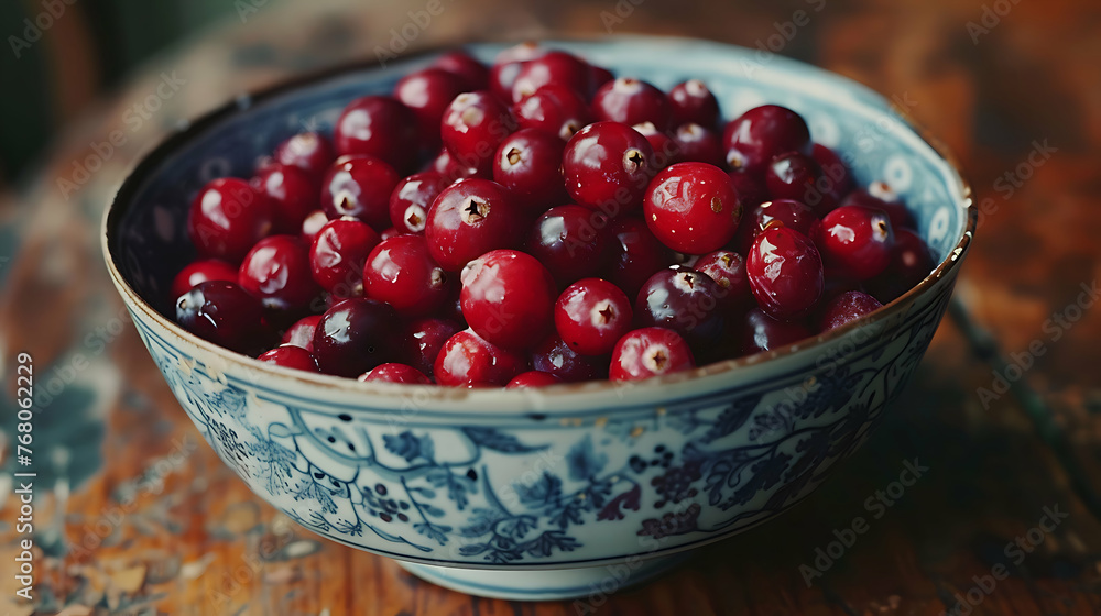 A bowl of freshly picked, vibrant cranberries A bowl of freshly picked, vibrant cranberries