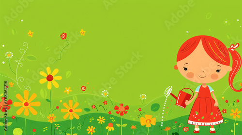 A little cute cartoon girl in red dress waters yellow flowers in the summer garden on a green background. Copy space.