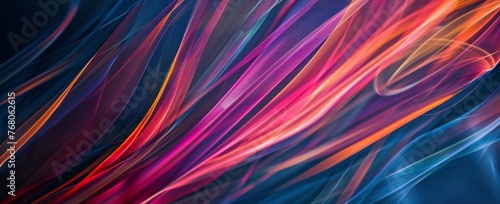 Neon ribbons of blue and pink flow with vibrant energy, creating a dynamic abstract of illuminated silk and fluid motion.