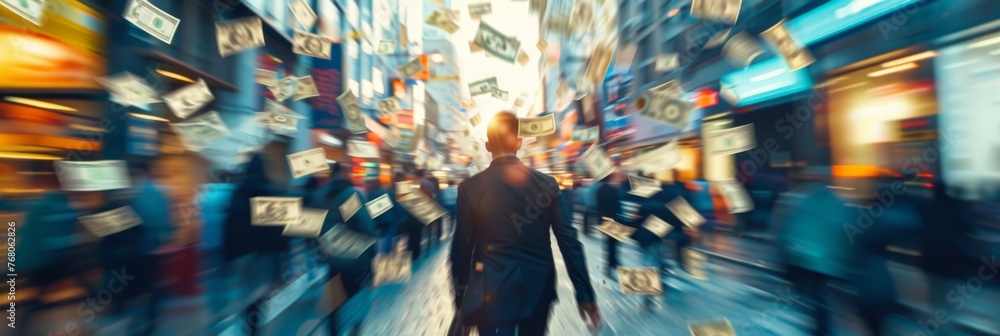 Dynamic image of man with money flying around in city