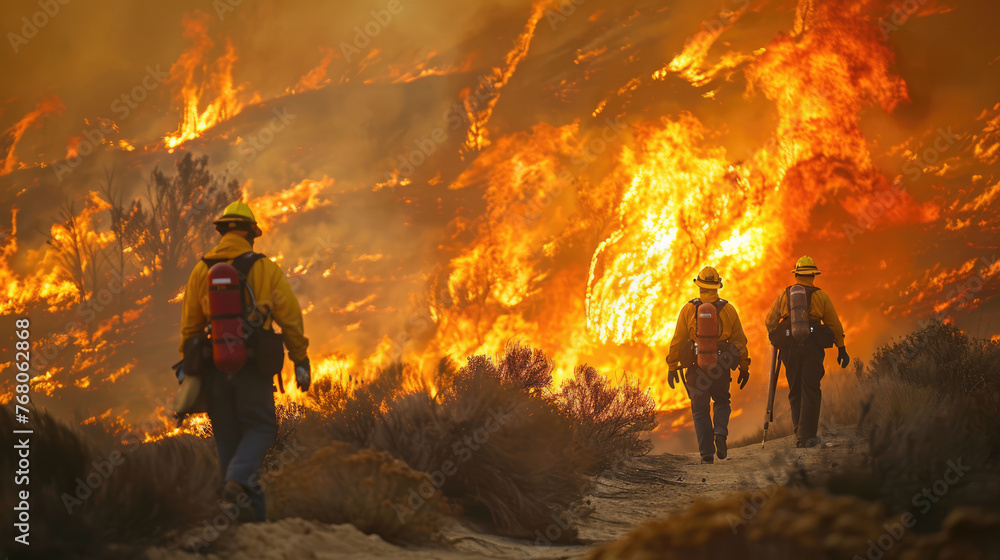 Fototapeta premium Fire crews battle wildfires amid sweltering weather