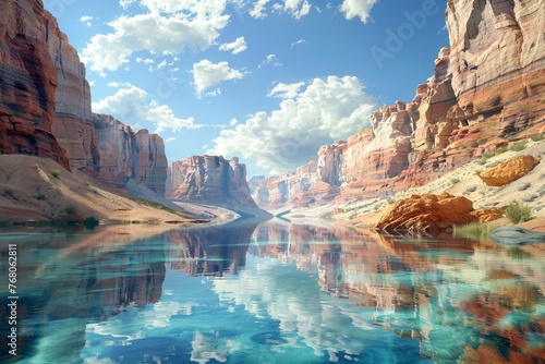 a river with a canyon and blue sky